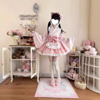 Pink Floral Wa-Lolita Maid Dress with Flowing Kimono Sleeves and Ruffled Apron