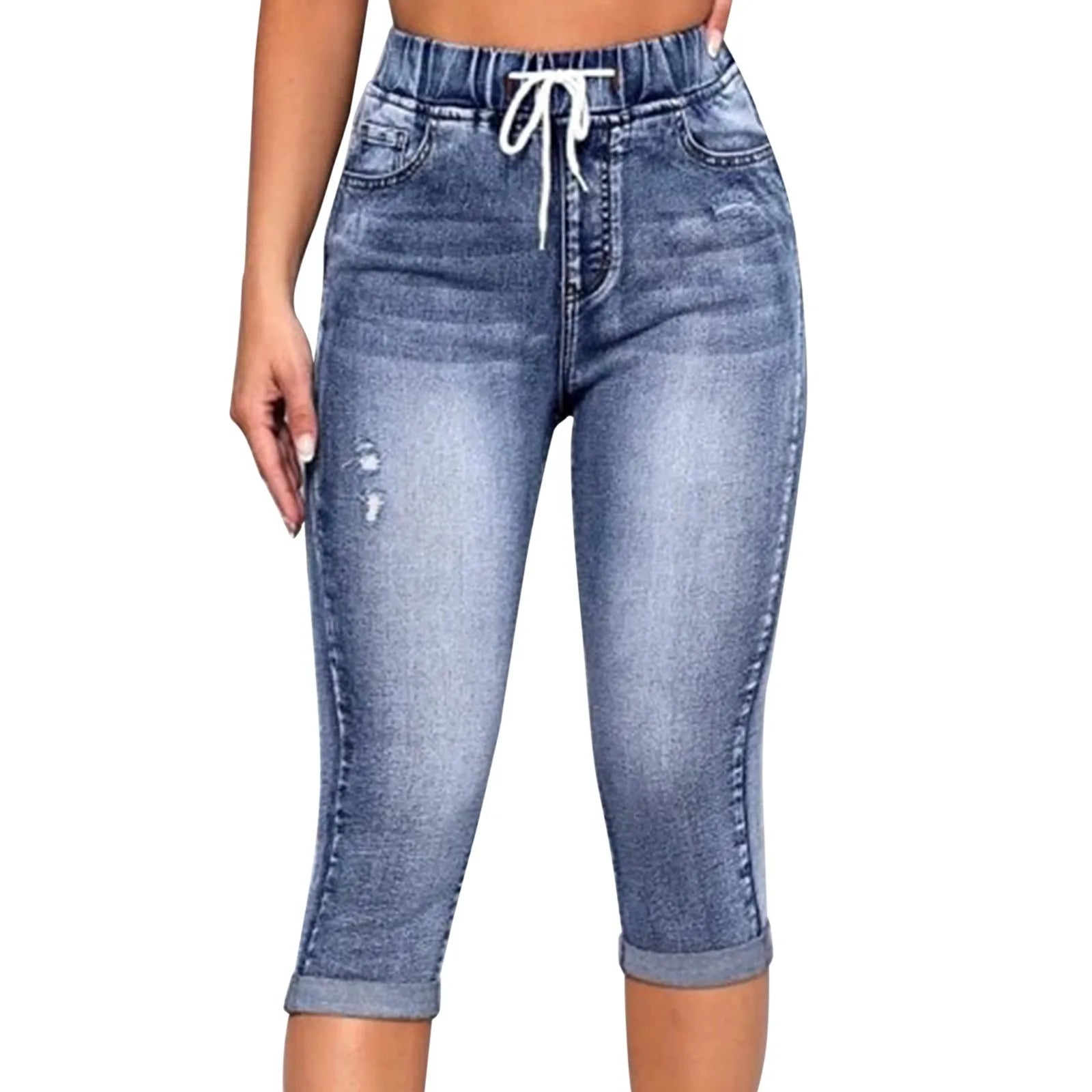 Women's High Waist Drawstring Denim Capri Pants with Slim Fit Casual Streetwear Style