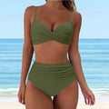 Emerald Green Cross-Front Bikini Set with Ruched High-Waisted Bottoms