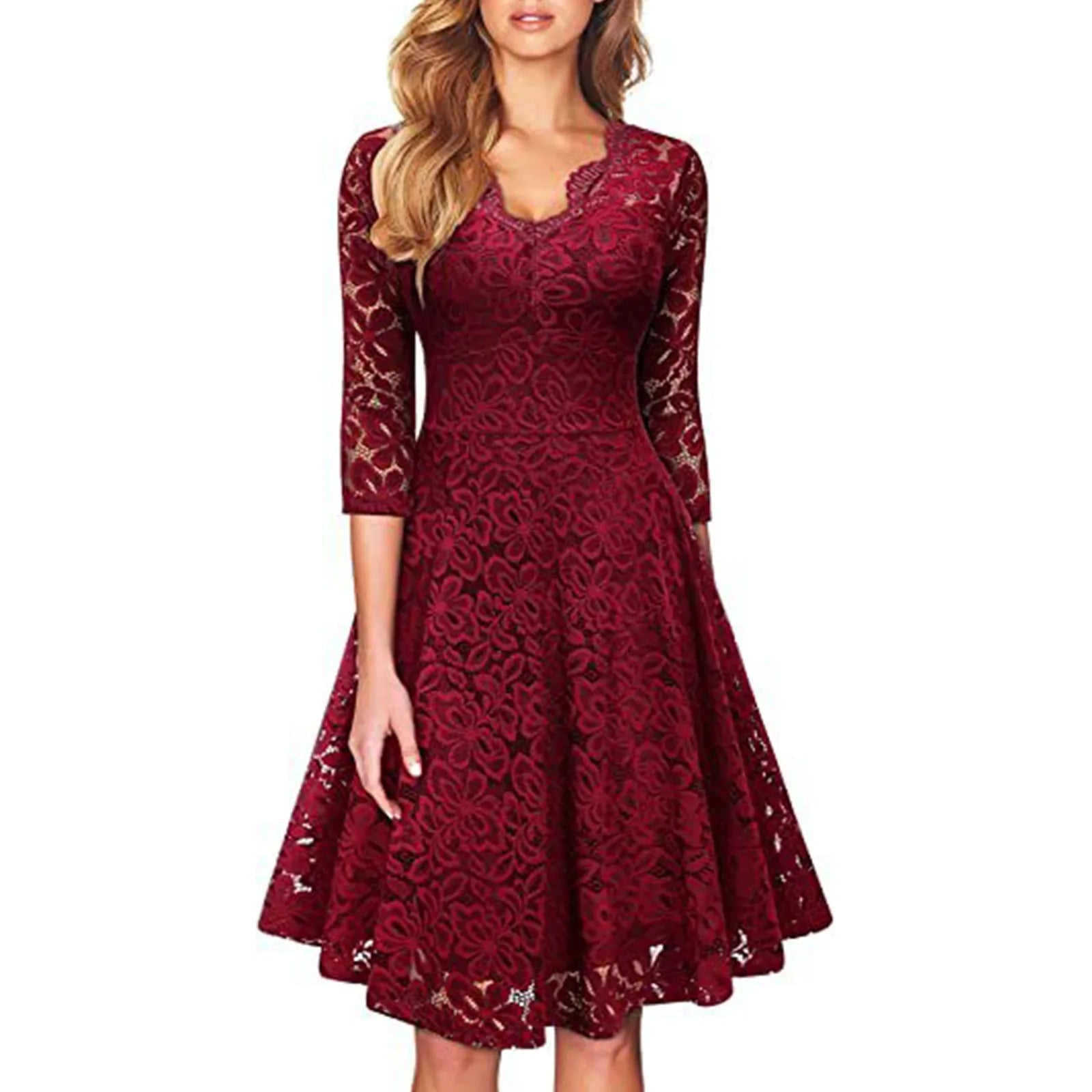 Deep V-Neck Lace Detail Fit and Flare Dress with Half Sleeves