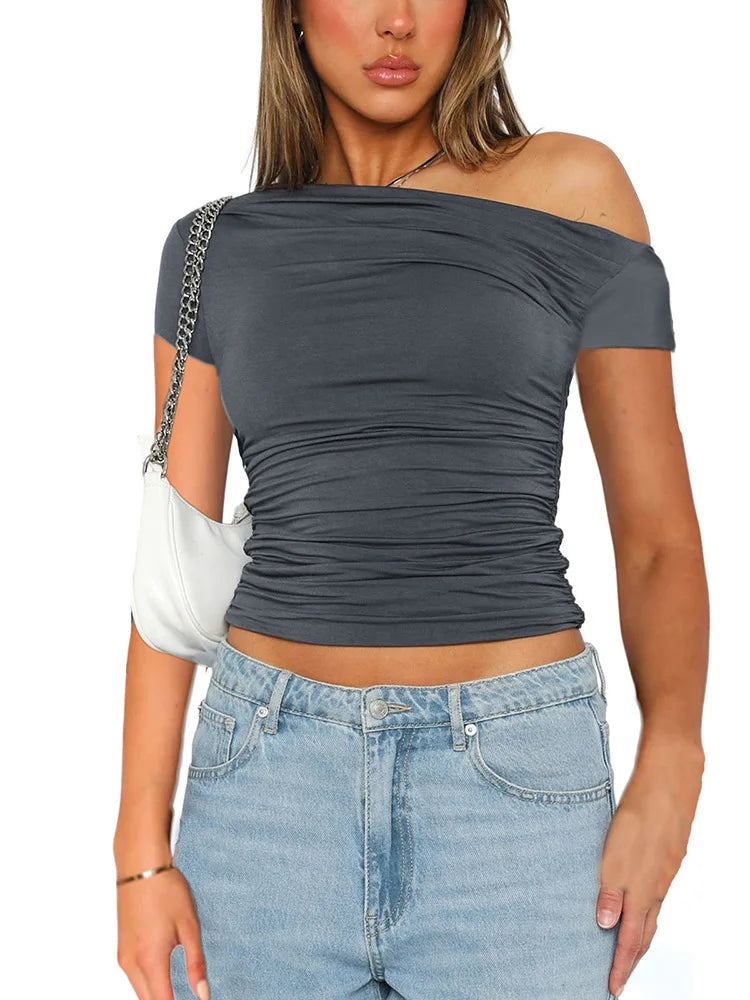 Women's Off Shoulder Ruched Crop Top for Minimalist Casual Streetwear Everyday Fashion Style