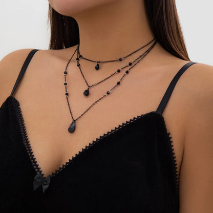 Layered Crystal Drop Necklace Set for Gothic Y2K and Dark Feminine Fashion Styling