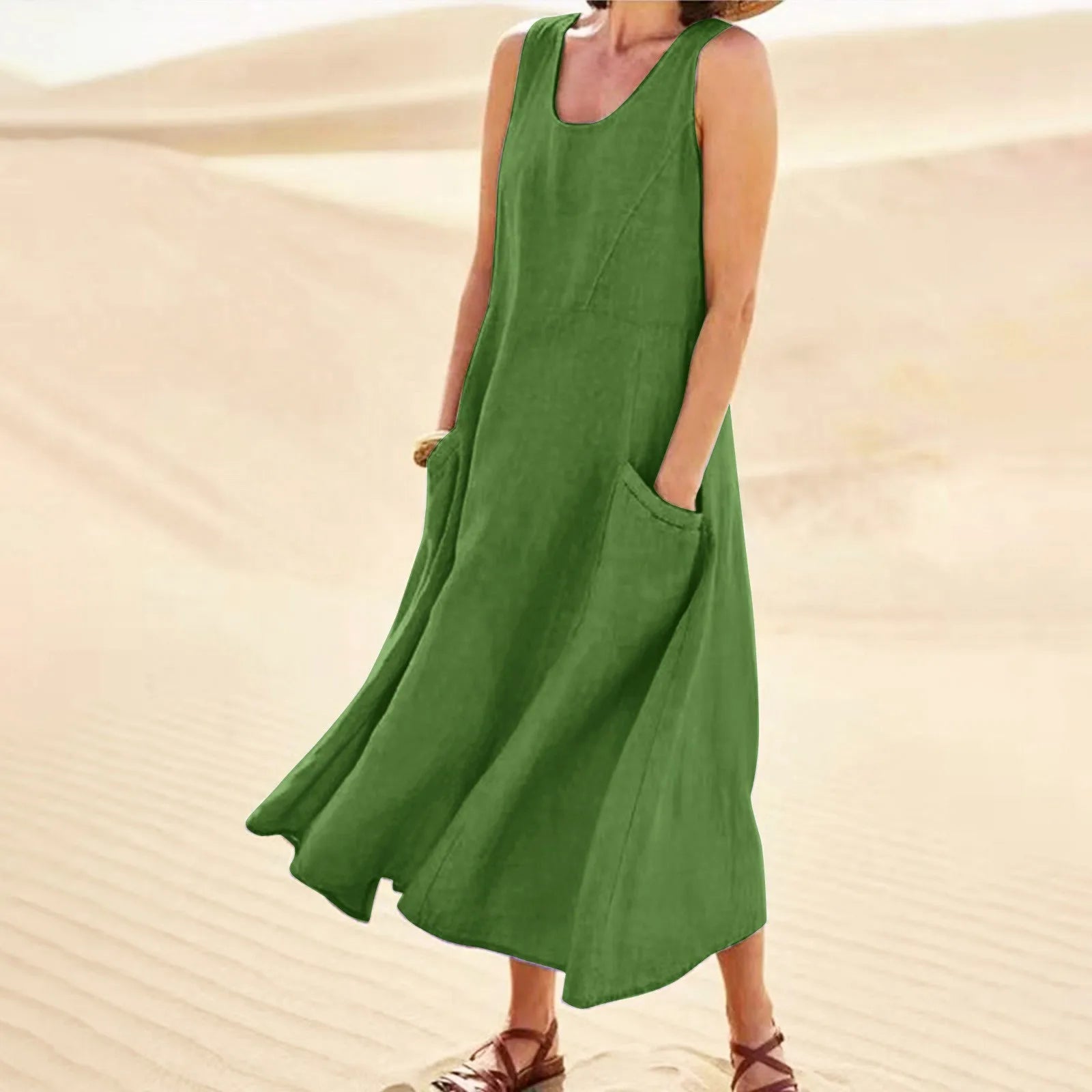 Relaxed Sleeveless Tank Maxi Dress with Pockets and Flowy Silhouette