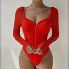Sheer Mesh Long Sleeve V Neck Bodysuit for Gothic Alternative Styling
