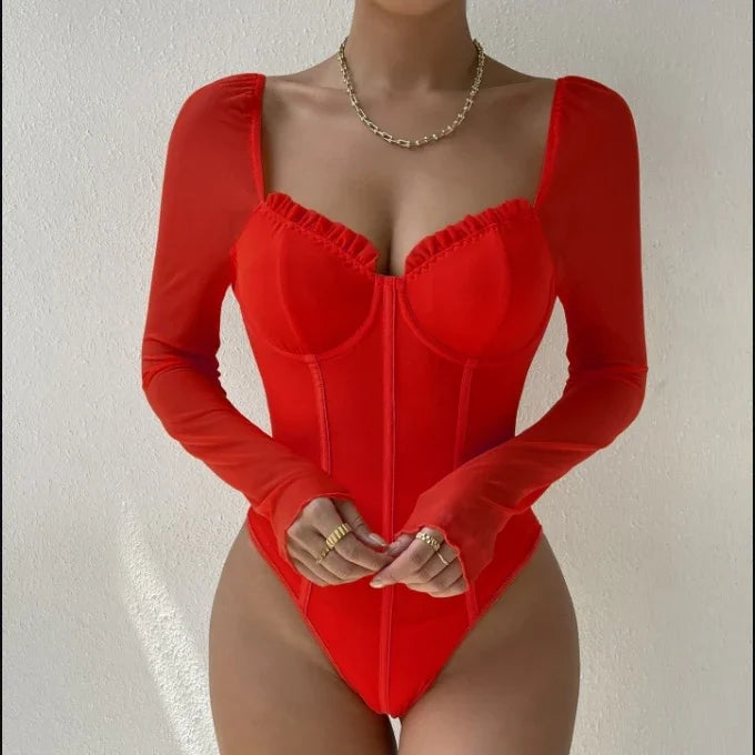 Sheer Mesh Long Sleeve V Neck Bodysuit for Gothic Alternative Styling