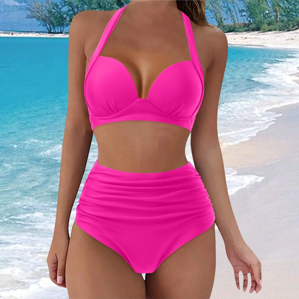 Floral Print Halter Tankini Bikini Set with High-Waisted Bottom, Ruched Front and Conservative Two-Piece Swimwear Silhouette