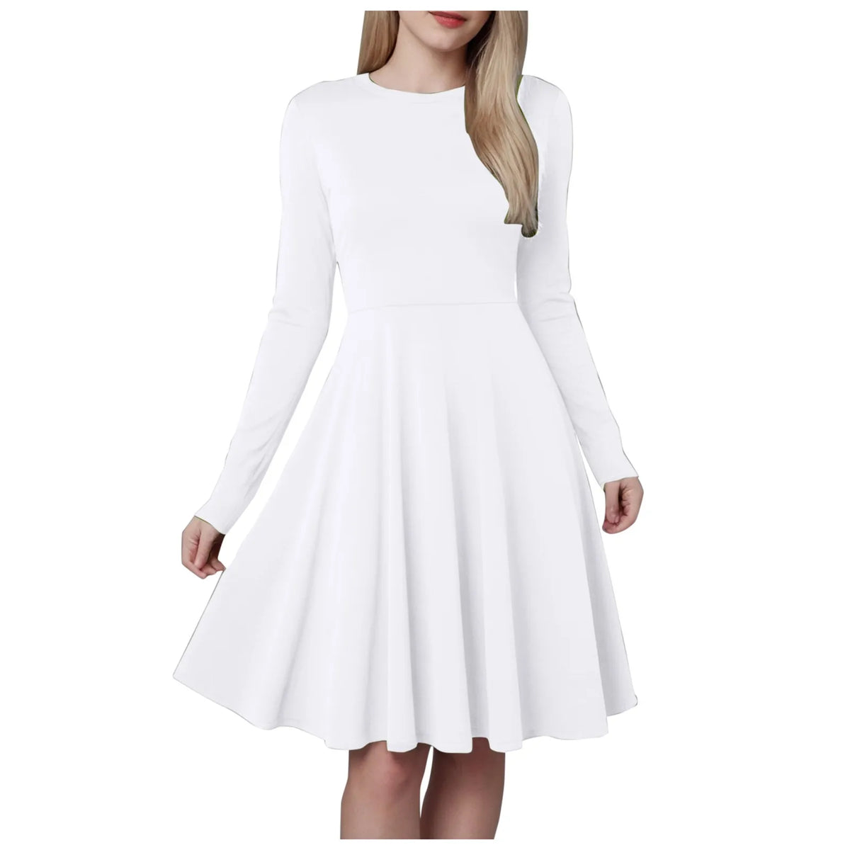 Elegant Solid Color Long-Sleeve A-Line Dress with High Waistline