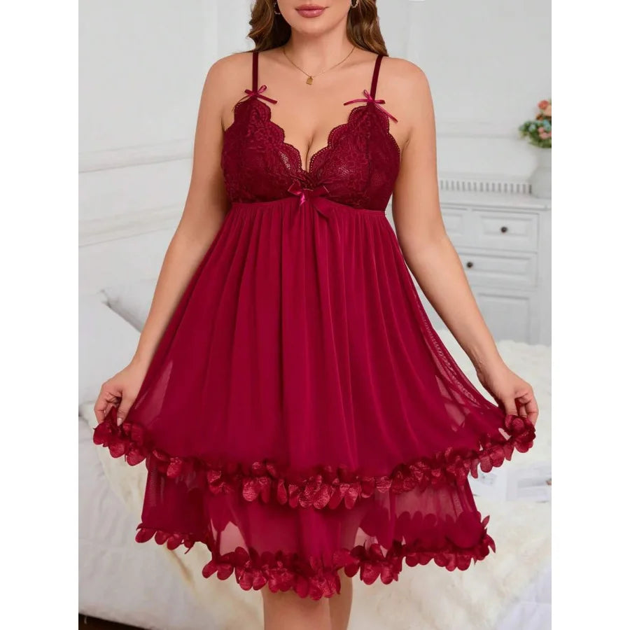 Romantic Deep Red Babydoll Chemise with Floral Lace Bodice and Ruffled Mesh Skirt