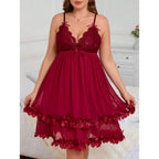 Romantic Deep Red Babydoll Chemise with Floral Lace Bodice and Ruffled Mesh Skirt