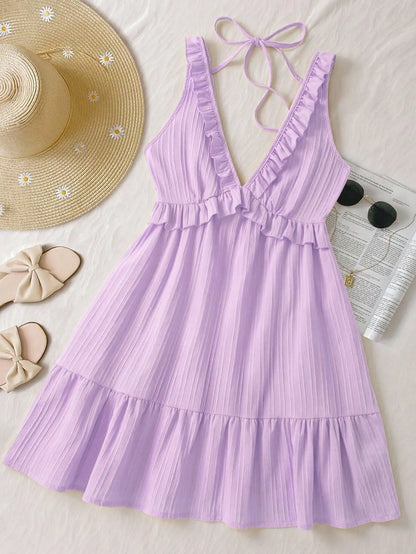 Ruffle Strap A-Line Mini Dress with Elastic Waist Summer Vacation Silhouette