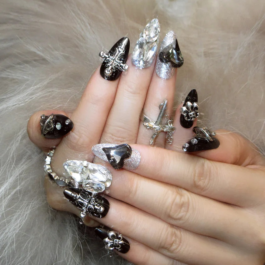 Gothic 3D Press On Nails with Dark Alternative Statement Charm Details