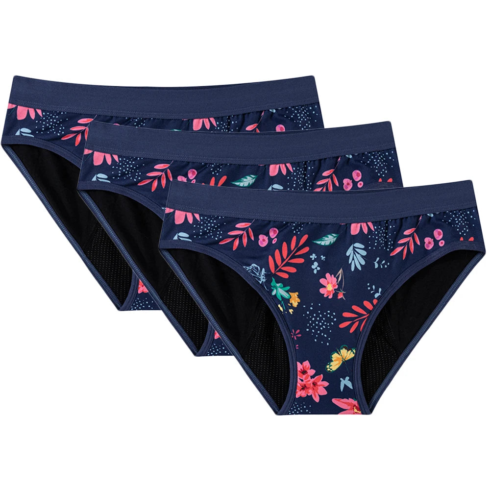 Three-Piece Floral Print Menstrual Brief Set with Contrast Waistbands