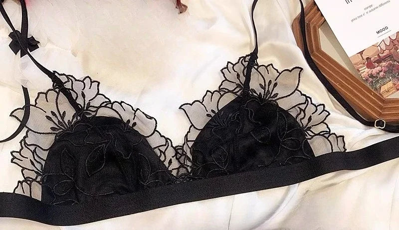 Ethereal Sheer French Lace Triangle Bralette and Matching Scalloped Panty Set