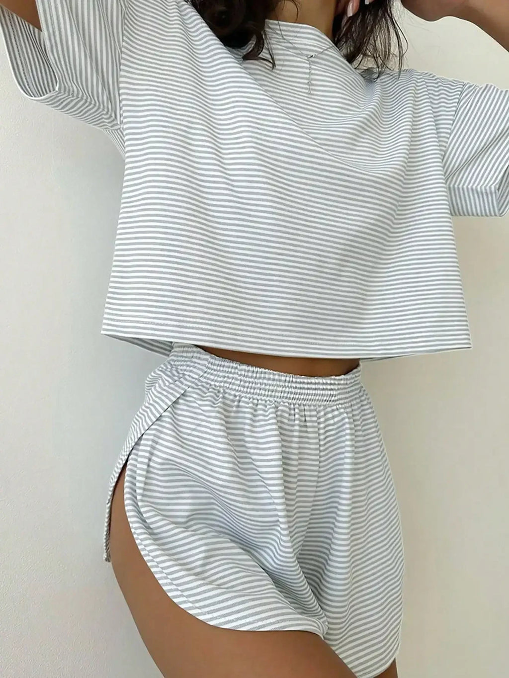 Women's Striped Knit Lounge Co-Ord Set Relaxed Top and Shorts Outfit