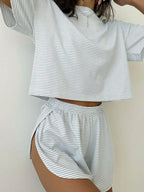 Women's Striped Knit Lounge Co-Ord Set Relaxed Top and Shorts Outfit