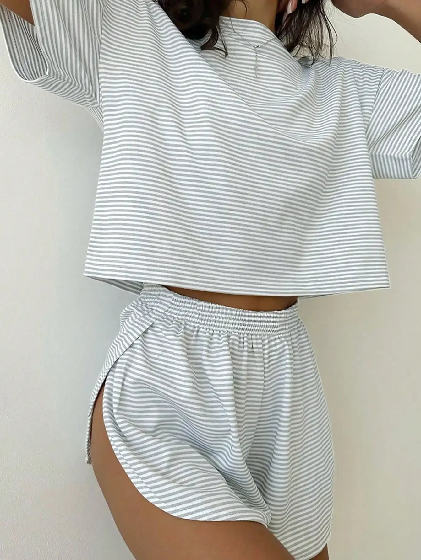Women's Striped Knit Lounge Co-Ord Set Relaxed Top and Shorts Outfit