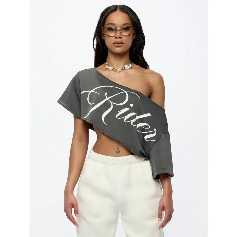 Women's Asymmetric Off Shoulder Graphic Crop T-Shirt for Modern Streetwear and Casual Everyday Style