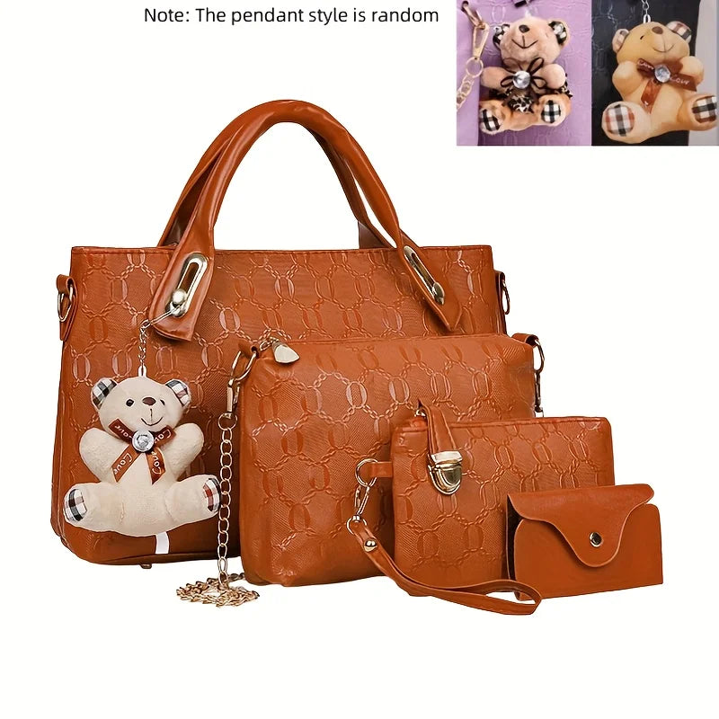 Embossed PU Leather Tote Bag Set with Crossbody Purse and Wallet