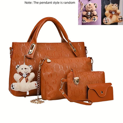 Embossed PU Leather Tote Bag Set with Crossbody Purse and Wallet