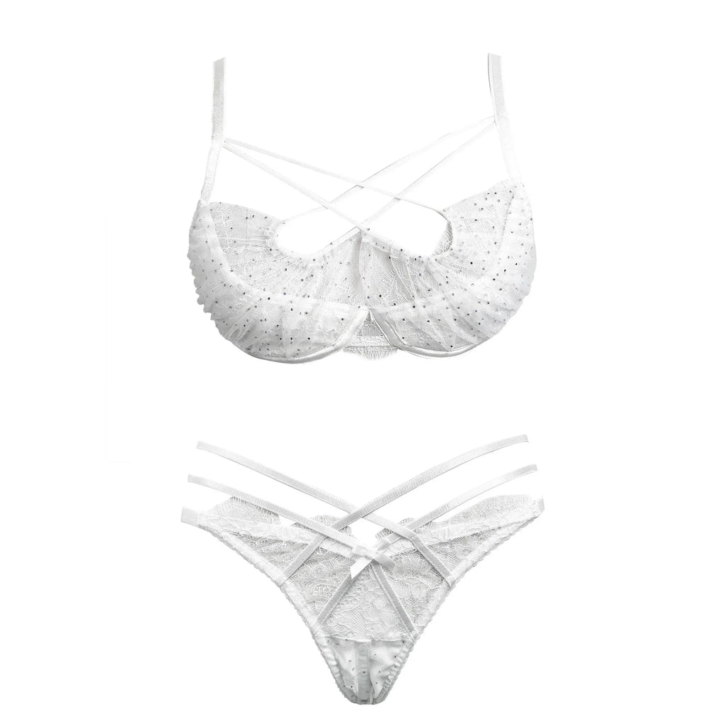 Cross-Tie Lace Mesh Lingerie Set with Adjustable-Strap Push-Up Bra and Matching Sheer-Detail Panty