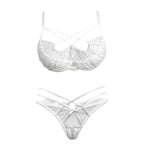 Cross-Tie Lace Mesh Lingerie Set with Adjustable-Strap Push-Up Bra and Matching Sheer-Detail Panty