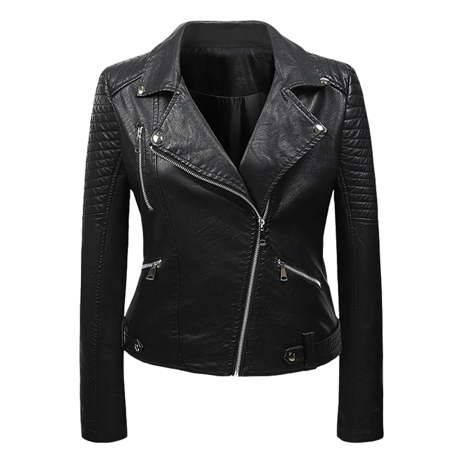 Women's Cropped Faux Leather Moto Jacket with Zip Front Contemporary Streetwear Silhouette