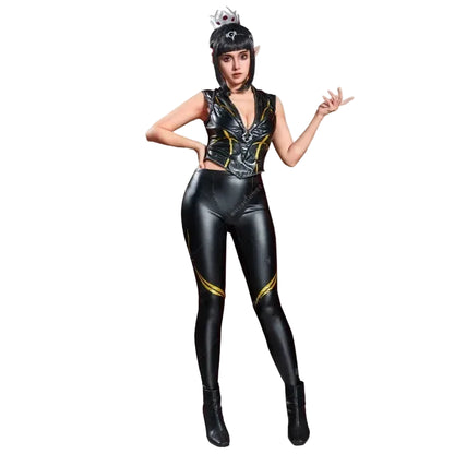 Women's Deep V Neck Faux Leather Top and Slim Fit Pants Coordinated Outfit Set