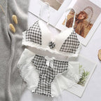 Playful Gingham Check and White Wire-Free Bra Set with Ruffled Lace Trim