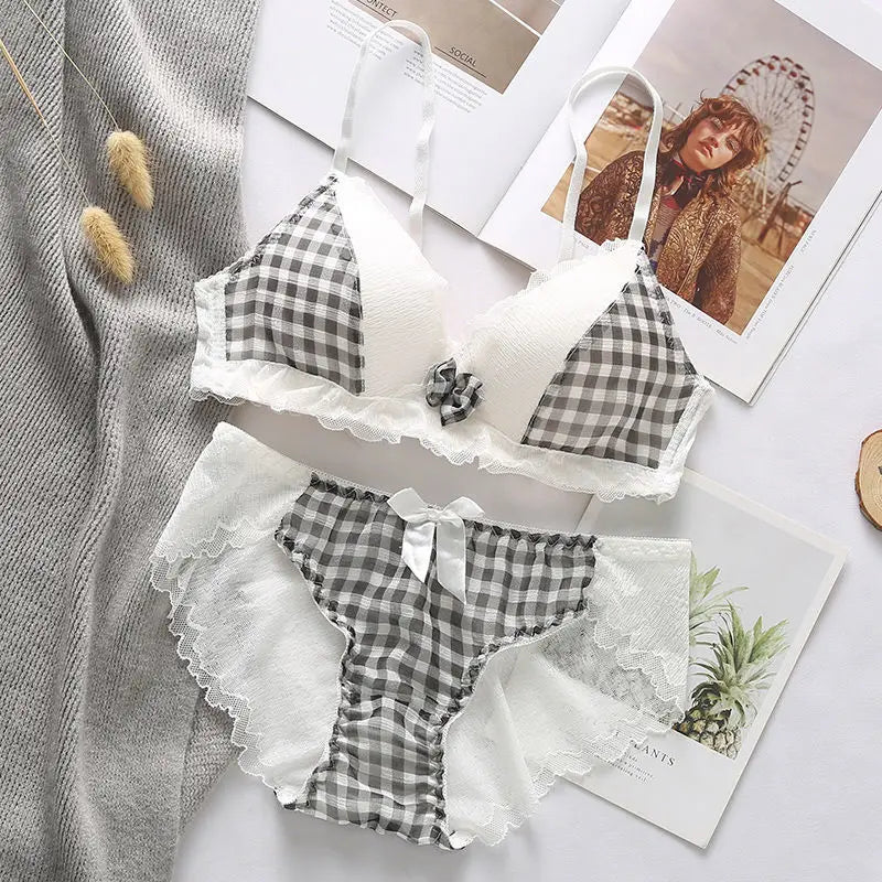 Playful Gingham Check and White Wire-Free Bra Set with Ruffled Lace Trim