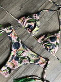 Tropical Palm Print Triangle Bikini Set with Twisted Rope Strap Details