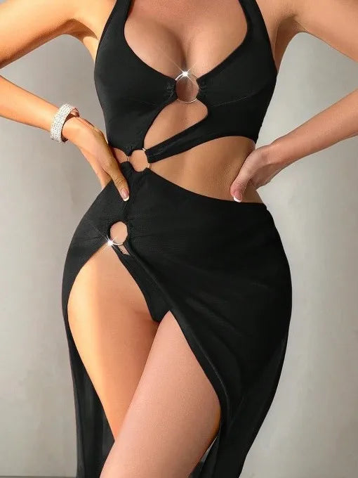 Bold Halter-Neck Cutout Maxi Dress with Metal Ring Hardware