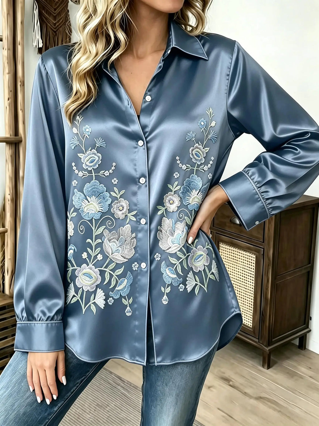 Vintage-Inspired Satin-Finish Floral Blouse with Contrast Red Piping and Button-Down Front