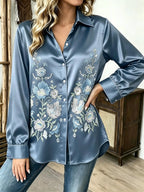 Vintage-Inspired Satin-Finish Floral Blouse with Contrast Red Piping and Button-Down Front