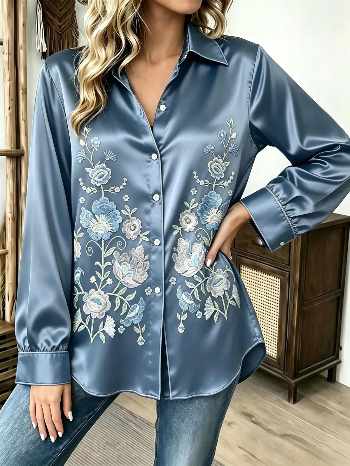 Vintage-Inspired Satin-Finish Floral Blouse with Contrast Red Piping and Button-Down Front
