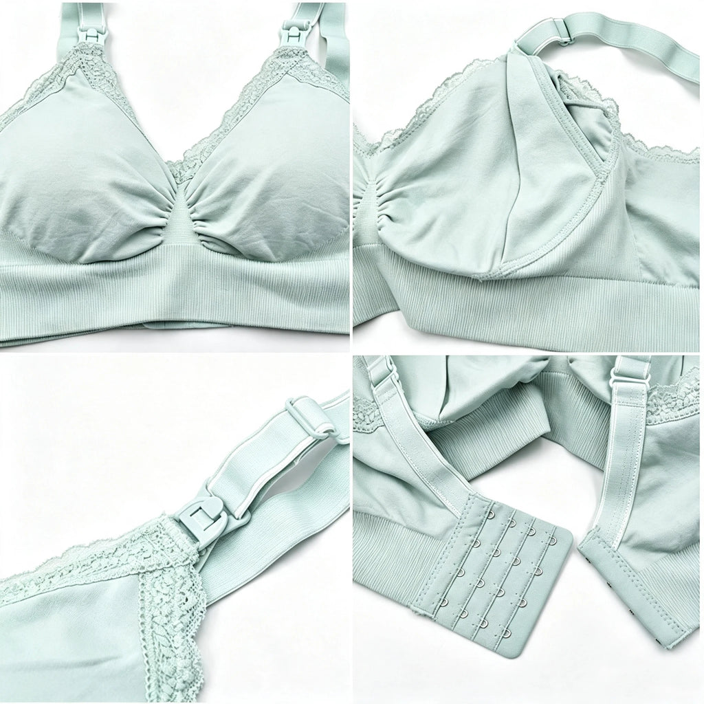 Wire-Free Seamless Nursing Bra with Delicate Lace Trim and Front Ruching