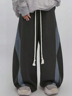 Men's Wide Leg Drawstring Sweatpants with Contrast Panel Design and Relaxed Fit
