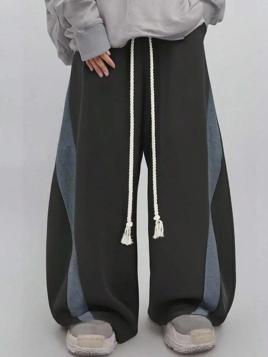 Men's Wide Leg Drawstring Sweatpants with Contrast Panel Design and Relaxed Fit