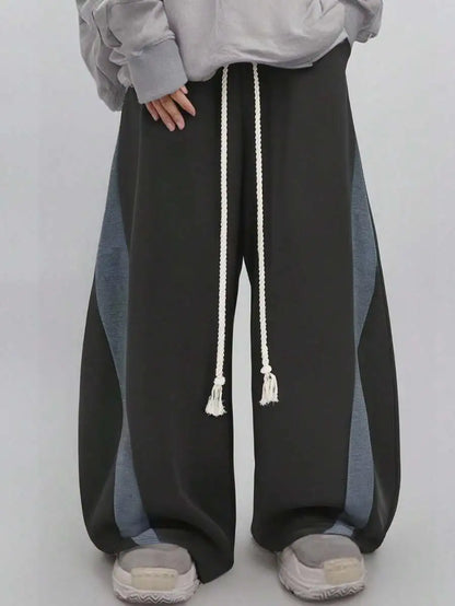 Men's Wide Leg Drawstring Sweatpants with Contrast Panel Design and Relaxed Fit
