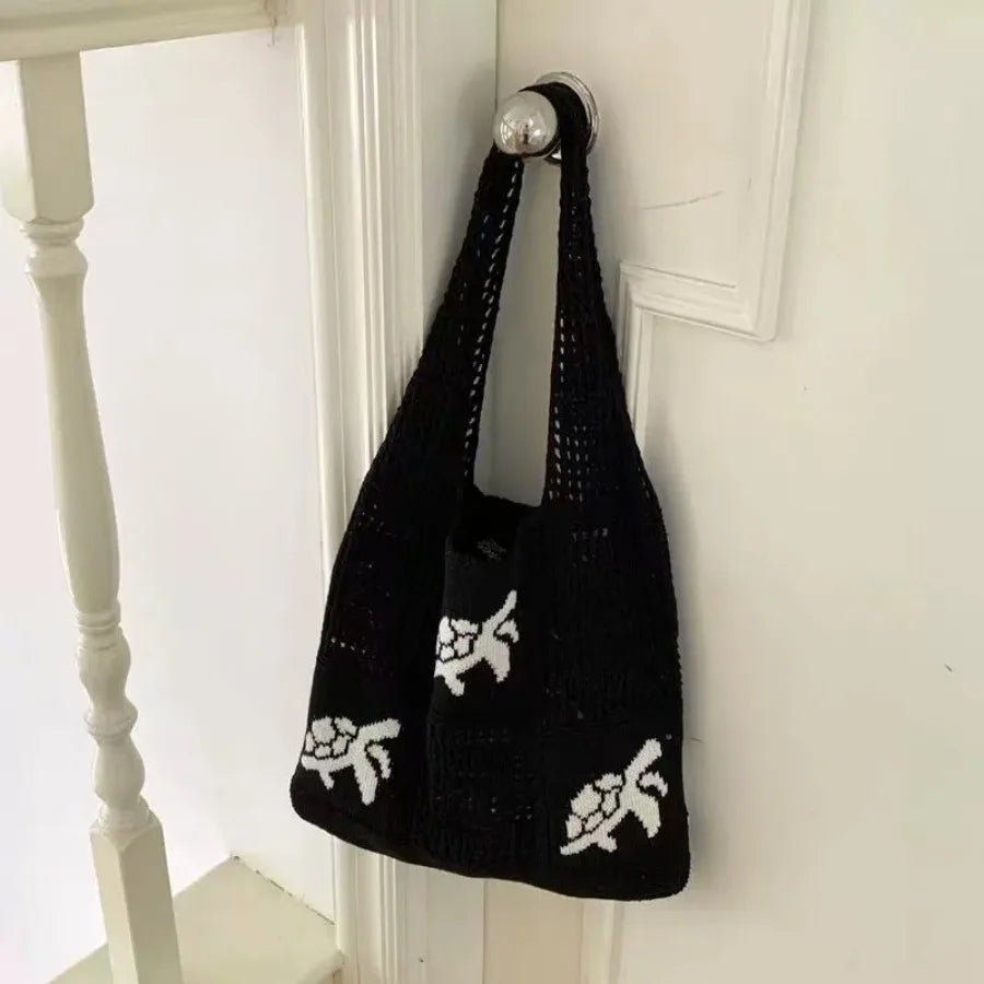 Open Knit Tote Shoulder Bag with Large Capacity Casual Design
