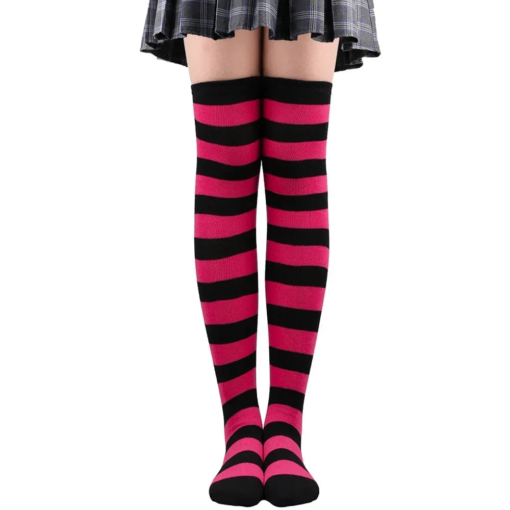 Striped Thigh High Socks with Stretch Knit Construction for Casual Y2K Streetwear Fashion