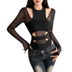 Mesh Panel Cutout Bodysuit for Gothic Techwear and Alternative Fashion