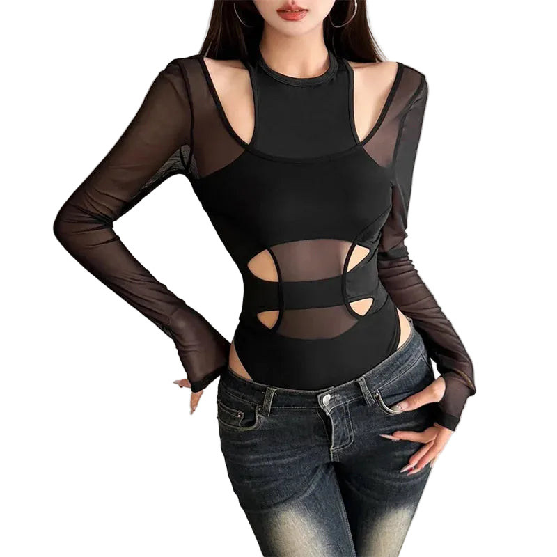 Mesh Panel Cutout Bodysuit for Gothic Techwear and Alternative Fashion