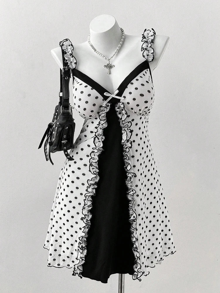 Vintage Polka Dot Gothic Mini Dress with Dark Coquette Aesthetic