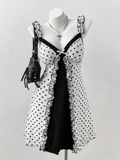 Vintage Polka Dot Gothic Mini Dress with Dark Coquette Aesthetic