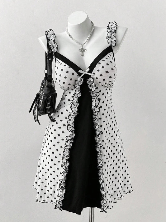 Vintage Polka Dot Gothic Mini Dress with Dark Coquette Aesthetic
