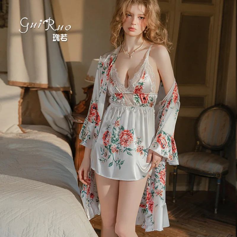 Botanical Print Satin-Finish Slip Dress and Matching Flowing Robe Set