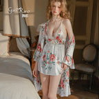 Botanical Print Satin-Finish Slip Dress and Matching Flowing Robe Set