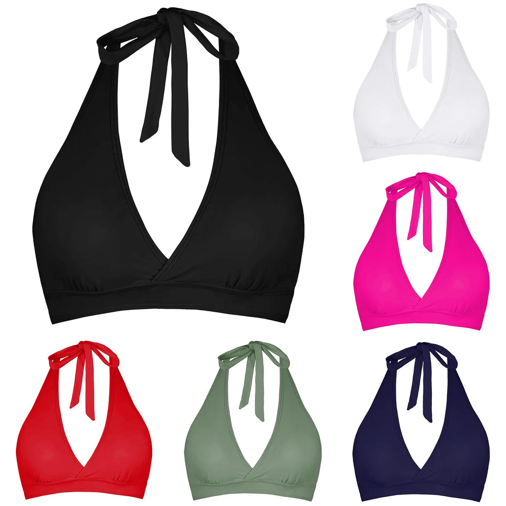 Solid Color Halter Neck Bikini Top with Wide Underband and Adjustable Tie-Back Closure