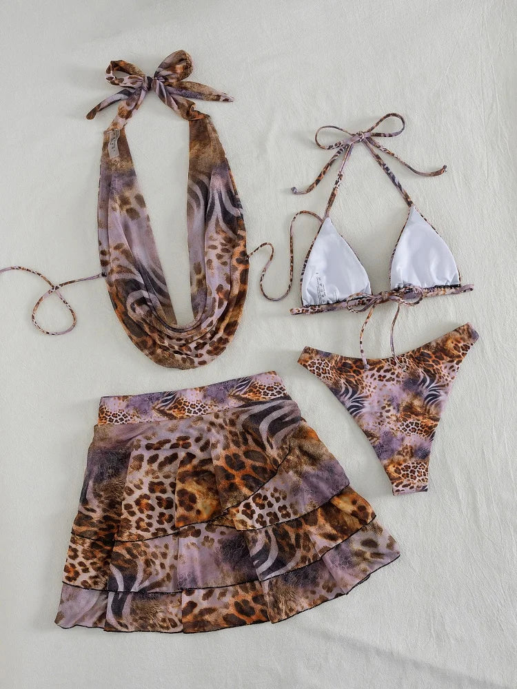 Four-Piece Leopard Print Vacation Ensemble with High-Waisted Skirt and Matching Top