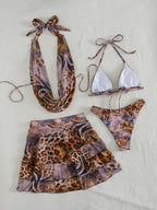 Four-Piece Leopard Print Vacation Ensemble with High-Waisted Skirt and Matching Top